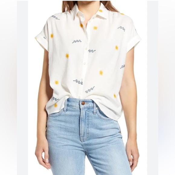 MADEWELL White Embroidered Cotton Button Down Shirt Top XS/S Women’s - Picture 2 of 14